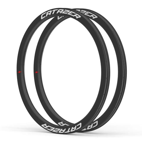 700C Asymmetric Carbon Rim Wheelset For Road Bikes, 40mm Depth And 32mm Width, shown side by side with branding, Lightweight Aerodynamic Design