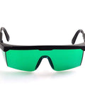 Front view of Top Shelf Laser Safety Glasses Hella Secure Against Uv Blue Red And Infrared Beams Od4 Plus Lens green tinted with adjustable strap.
