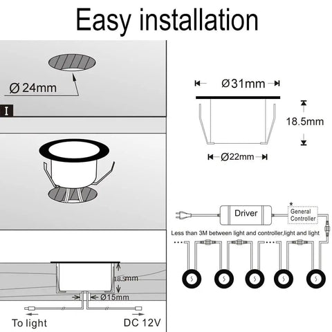 Installation diagram for WiFi RGBW Deck Light Kit 20 Pack Low Voltage Recessed In Ground Outdoor Lights for Garden Patio
