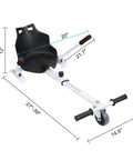 Seat Attachment For Self Balancing Scooters Go Kart Conversion Kit For Kids And Adults Safe And Stable Accessory Fits 6.5, 8 And 10 Inch Models Ideal Gift Black showing measurements.