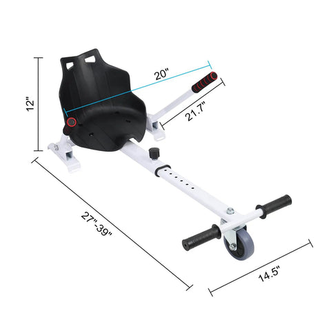 Seat Attachment For Self Balancing Scooters Go Kart Conversion Kit For Kids And Adults Safe And Stable Accessory Fits 6.5, 8 And 10 Inch Models Ideal Gift Black showing measurements.