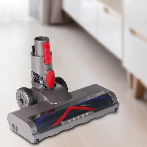 Close-up of Floorhead Roller Brush Attachment With LED Headlights For Dyson V7 V8 V10 V11 V15 Vacuums in living room.