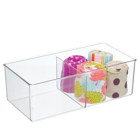 Two Compartment Clear Storage Box For Bedroom Organization BPA Free Plastic Clothes Organizer In Transparent Green Measures Six By Twelve By Four Inches Two Pack with rolled fabrics