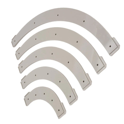 Router Corner Radius Template Set for Woodworkers Crafting Sweet Curves on Cabinets and Furniture Edges Using Durable Plastic Templates from R100 to R300 in five sizes.