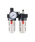 Duplex Pneumatic Filter Regulator with Automatic Drain for Air Compressors, front view showing gauge and dual filters.