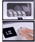 Close-up of Compact Tabletop Dishwasher With Plug And Play Setup No Plumbing Needed showing dish rack and control panel.