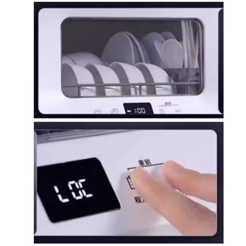 Close-up of Compact Tabletop Dishwasher With Plug And Play Setup No Plumbing Needed showing dish rack and control panel.