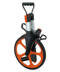 DW-PRO 12.5 Inch Measuring Wheel With Pistol Grip, Counter Reset And Trigger Brake, Sealed Bearings For Heavy Duty Use, Reads Up To 9,999 Feet On Rough Surfaces, Wide Stance Folding Kickstand, Durable Pro Grade Construction. Orange and black measuring wheel with counter and handle