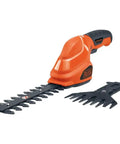 Cordless Shrub Trimmer And Grass Shear Combo, Lightweight Three Point Six Volt Lithium Battery, tool shown with blades.