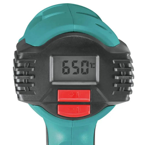 Close-up of Versatile Variable Temperature Heat Gun Kit With LCD Display showing 650°C, controls visible