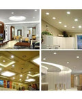Modern ceiling lighting designs in various rooms showcasing recessed lights and decorative fixtures in living areas and kitchens.