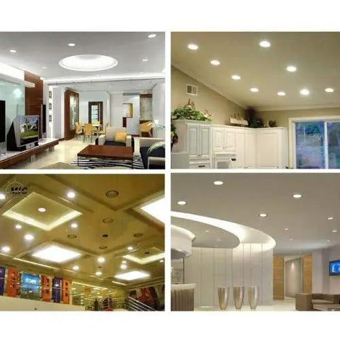 Modern ceiling lighting designs in various rooms showcasing recessed lights and decorative fixtures in living areas and kitchens.