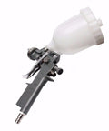 Top Shelf 600 ML Gravity Feed Paint Spray Gun With Adjustable Fan Width And Precision Flow Control For Slick Water Based Base Coats On Car Auto Body Restoration, side view showing feed cup.