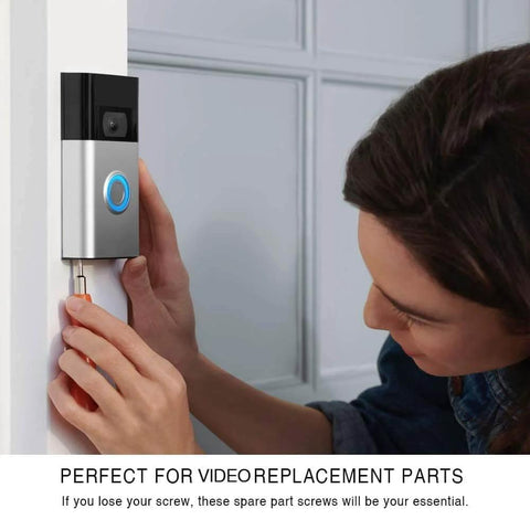 Person securing video doorbell with Replacement Screws Kit For Video Doorbells, Fits All Video Doorbell Models, 20 Pieces In 4 Sets.