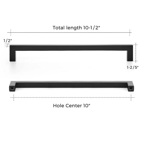 Black Cabinet Pulls for Kitchen Square Stainless Steel Drawer Handles 10 Inch Hole Center 10.5 Inch Total Length