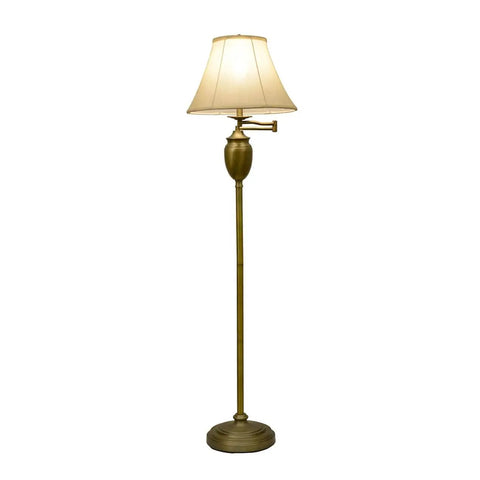 Wellington Steel Swing Arm Floor Lamp In Antique Brass, adjustable with classic silhouette and faux silk shade for modern living room.