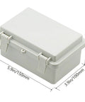 Rugged Outdoor IP65 Junction Box Made From ABS Plastic With Hinged Lid in gray showing dimensions, side view.