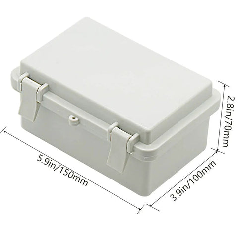 Rugged Outdoor IP65 Junction Box Made From ABS Plastic With Hinged Lid in gray showing dimensions, side view.