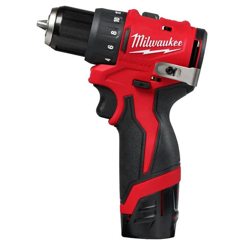 Red and black subcompact brushless 3/8 inch drill driver kit for tight spaces, ultra lightweight at 5.4 inch length, 350 in-lbs torque.