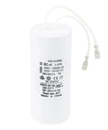 Motor Capacitor Replacement For Global Hydraulics Auto Lift Power Unit 60UF Plus Or Minus 10 Percent Tolerance Pro Grade Start And Run Performance For Heavy Duty Hydraulic Systems Works With FA7147 5 FA7147 And FA7175, white cylindrical motor capacitor with labeled specifications.