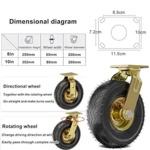 Dimensional diagram of Heavy Duty 8 And 10 Inch Replacement Wheels For Furniture Workbenches Air Filled Industrial Casters.