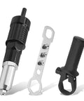 Cordless Rivet Gun Tool Kit With Four Rivet Heads 2.4mm 3.2mm 4.0mm And 4.8mm, Riveter Nut Insert Attachment For Auto Modification And Repair, Aluminum Alloy Build, Heavy Duty Black Finish with wrench and handle