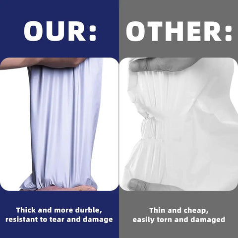 Comparison of 14.5 X 19 Inch Poly Mailers Bulk Pack, showing thicker tear-resistant mailer versus thinner damaged one