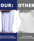 Comparison between thick white poly mailers and thin ones, highlighting tear resistance of White Poly Mailers 12x15.5 Inches, 500 Pack.