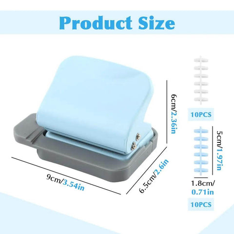 Six Hole Spiral Binding Punch For Planners And Home Office 8 Sheet Capacity Includes 20 Binder Rings, product dimensions shown