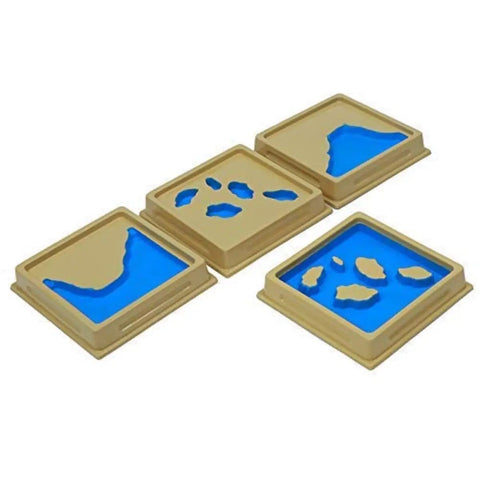 Water And Land Form Tray Set For Kids Learning Toy Terrain Cognition Montessori Geography Aids with wooden molds showing water and land shapes.