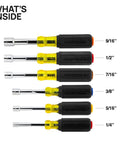 Heavy Duty Hollow Shaft Nut Driver Set With Cushion Grip Handles Color Coded Hex Sizes From Quarter Inch To Sixteenth Inch on display