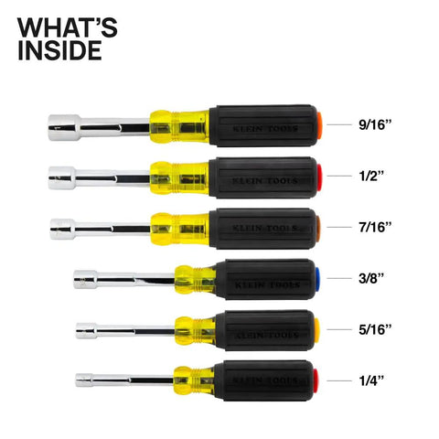 Heavy Duty Hollow Shaft Nut Driver Set With Cushion Grip Handles Color Coded Hex Sizes From Quarter Inch To Sixteenth Inch on display
