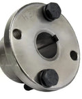 Close-up of gray solid steel 3/4 inch bushing for a 5 Inch Dual Groove Pulley For A Section 4L Belts With 3/4 Inch Bushing Cast Iron Replacement Wheel
