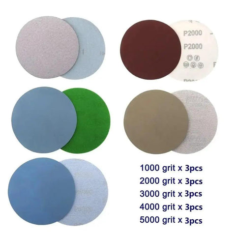 Get This Awesome 15 Piece 125mm Hook Loop Sanding Discs Set With Grits 1000 To 5000 For Ultimate Polishing On Wood Metal And Cars, showing various grit discs.
