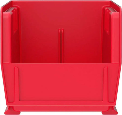 Red Stackable Plastic Storage Bins For Garage And Pantry, Space Saving 11x5x5 Inch Organizers, front view