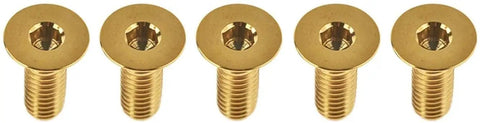 Pro Grade Kickass Titanium Bolt Set Five Piece M6 X 25 mm Flat Countersunk Head Allen Key Rainbow Coated Heavy Duty Kit showing five gold titanium bolts.