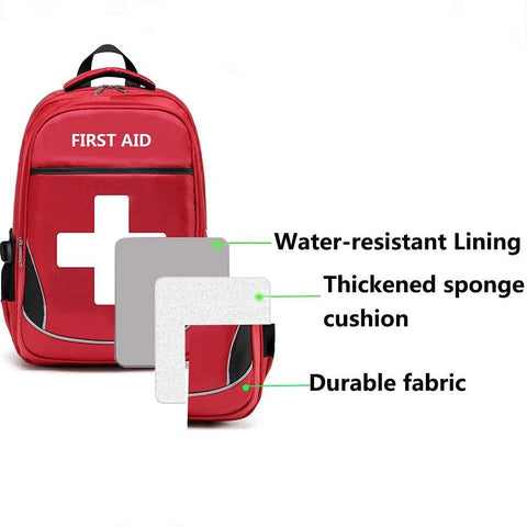 Front view of red first-aid backpack with white cross, durable fabric and multiple pockets.