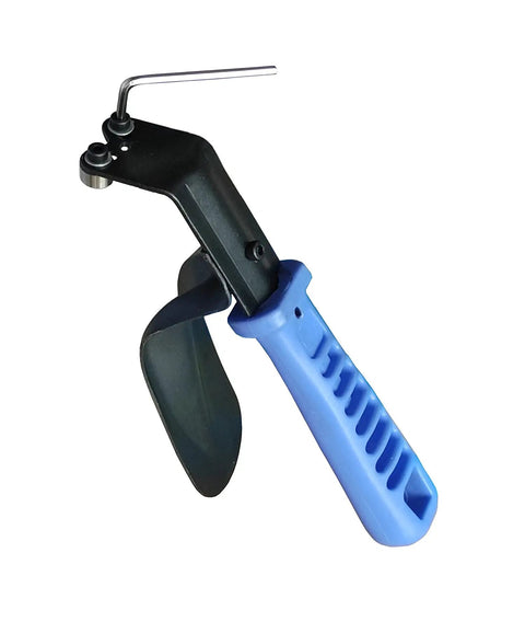 Heavy Duty Double Edge Cutting Deburring Tool for Sheet Metal with blue safety guard handle and rotating round blades.