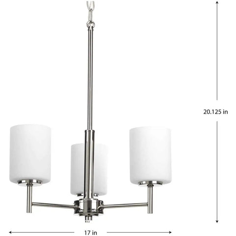 Replay Collection Etched White Glass Modern Chandelier Light, 3 Light, Polished Nickel Finish, sleek lines, 17x20.125 inches