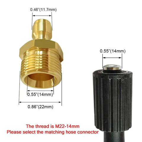Brass M22-14mm male-thread pressure washer fitting with 1/4" quick-connect plug; black hose adapter.