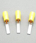 Three Yellow 5.5-18 Electric Crimp Ferrule Blade Terminals for 4-6 MM2 Wires on textured surface