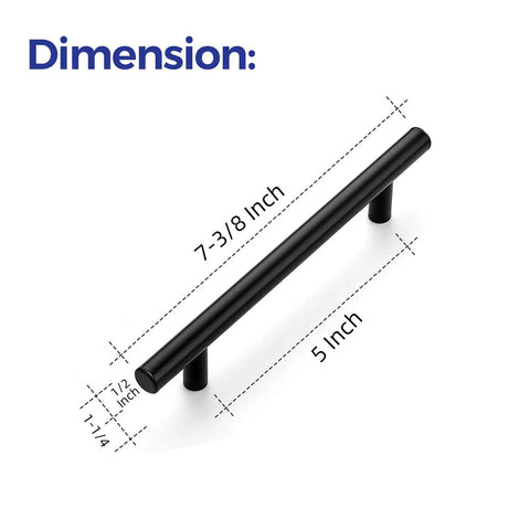 Dimensions of Matte Black 7.38 Inch Cabinet Pulls 30 Pack Stainless Steel Kitchen Cupboard Handles with 5 Inch Center To Center Hole Spacing