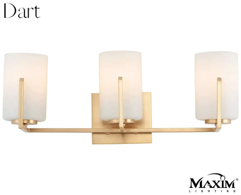 Dart 3 Light Bath Vanity Light Satin Brass Steel Finish Satin White Glass Shade Illuminated Front View