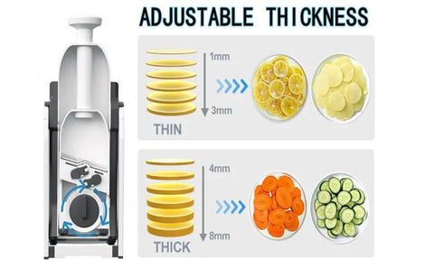Blue adjustable mandoline slicer and vegetable chopper with five blades, side view