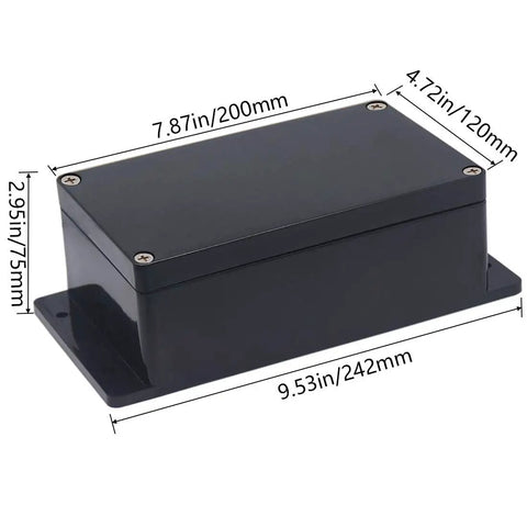 IP65 Waterproof ABS Plastic Electrical Project Box With Fixed Ear in Black, shown with labeled dimensions 7.87x4.72x2.95 inches