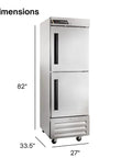Heavy Duty Commercial Reach In Freezer 23 Inch Single Section Right Hinged Split Doors Electronic Led Controls shown with dimensions.