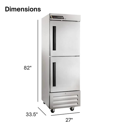 Heavy Duty Commercial Reach In Freezer 23 Inch Single Section Right Hinged Split Doors Electronic Led Controls shown with dimensions.