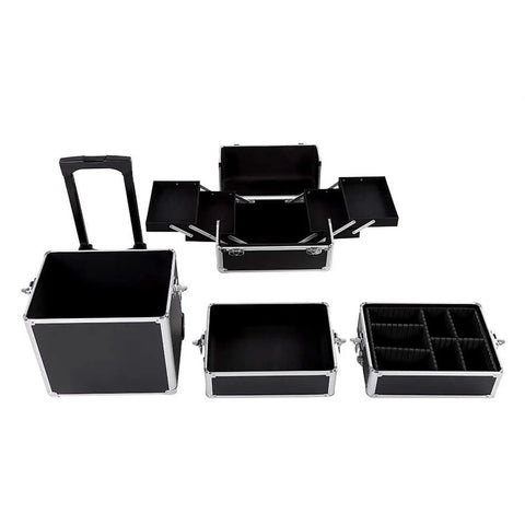 Portable Aluminum Frame 4 In 1 Tool Box On Wheels With Removable Carry Case Travel Trolley Organizer opened displaying compartments