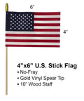 4x6 inch U.S. flag with gold spear tip on 10 inch wood staff, no-fray cotton, 12 Pack Small American Flags 4x6 Inches Hand Held Stick Flags Spear Top Made In USA