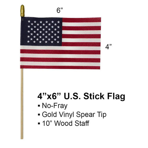 4x6 inch U.S. flag with gold spear tip on 10 inch wood staff, no-fray cotton, 12 Pack Small American Flags 4x6 Inches Hand Held Stick Flags Spear Top Made In USA